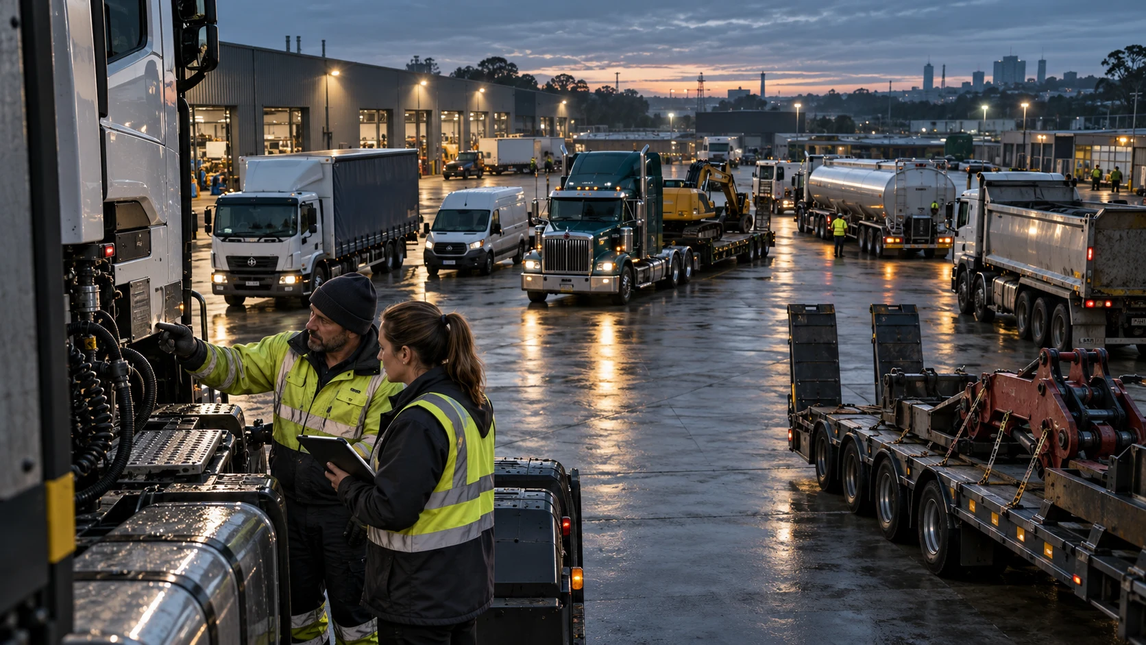 Operators review a truck coupling and a fleet record in a depot containing vehicles, trailers and powered attachments.