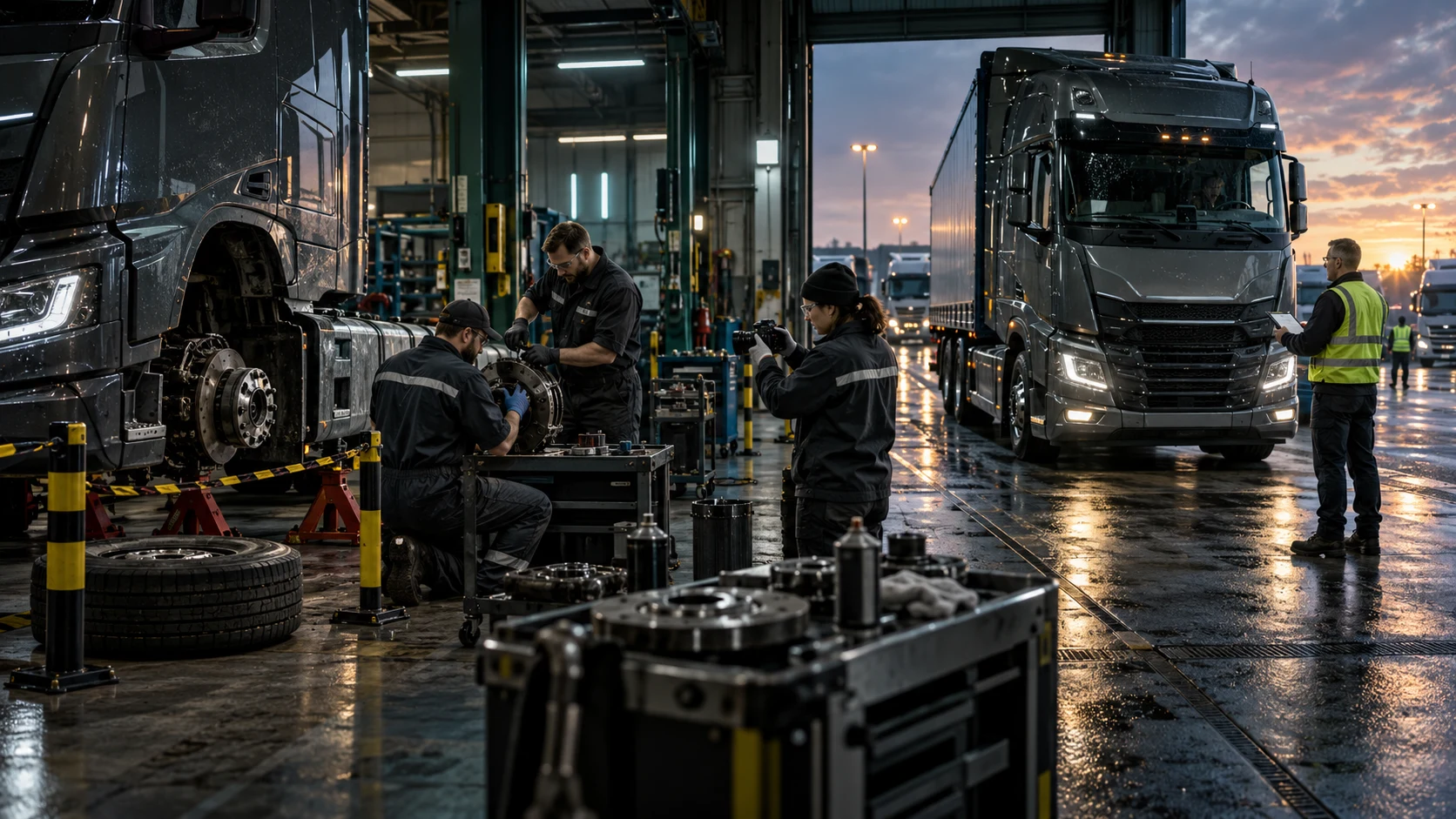 Workshop technicians review a truck repair while an operator records the cleared vehicle before dispatch.