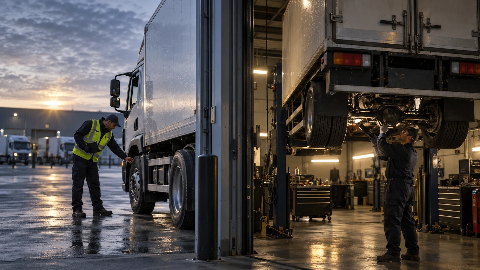 An operator checks a truck in the yard while a skilled inspector reviews another vehicle on a workshop lift.